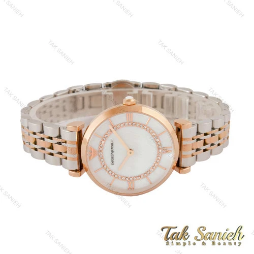 ساعت امپریو آرمانی زنانه دو رنگ رزگلد صفحه سفید نگین دار Armani-4403-L