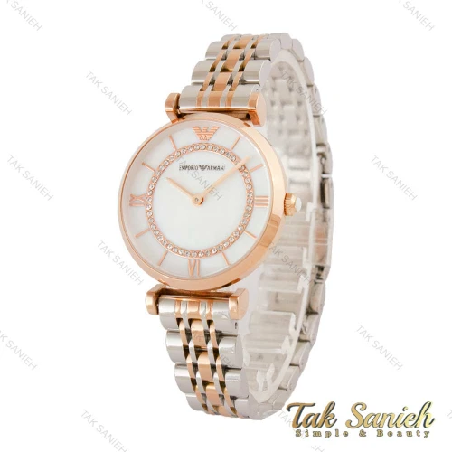ساعت امپریو آرمانی زنانه دو رنگ رزگلد صفحه سفید نگین دار Armani-4403-L