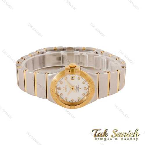 ساعت امگا کانسلیشن زنانه دورنگ طلایی تقویم دار صفحه نقره ای نگین Omega-4468-L