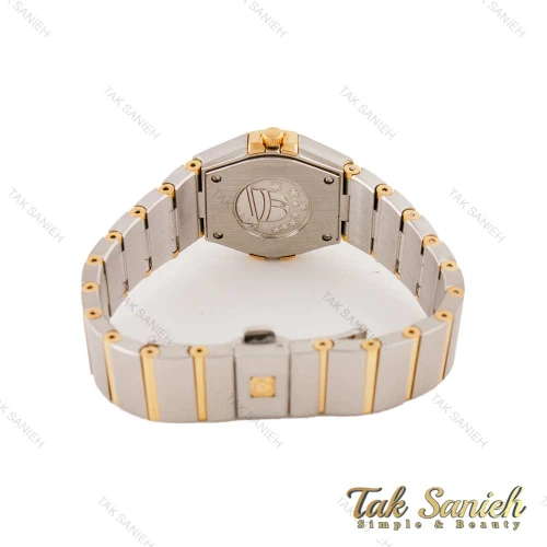 ساعت امگا کانسلیشن زنانه دورنگ طلایی تقویم دار صفحه نقره ای نگین Omega-4468-L