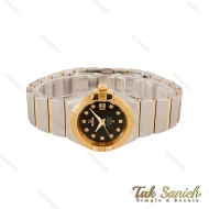 ساعت امگا زنانه دورنگ طلایی صفحه مشکی تقویم دار نگینی Omega-4472-L