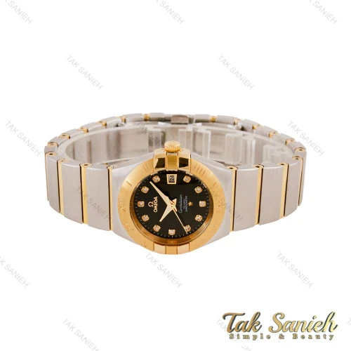 ساعت امگا زنانه دورنگ طلایی صفحه مشکی تقویم دار نگینی Omega-4472-L