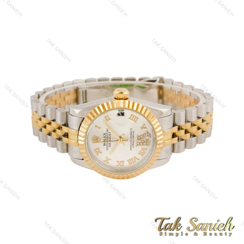 ساعت رولکس زنانه دورنگ طلایی صفحه نقره ای اعداد یونانی Rolex-4482-G