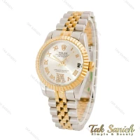 ساعت رولکس زنانه دورنگ طلایی صفحه نقره ای اعداد یونانی Rolex-4482-G