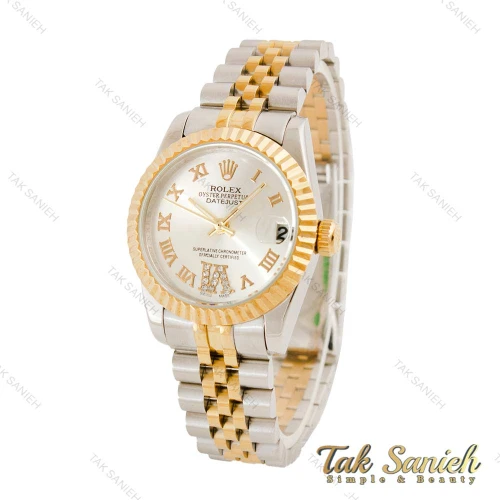 ساعت رولکس زنانه دورنگ طلایی صفحه نقره ای اعداد یونانی Rolex-4482-G