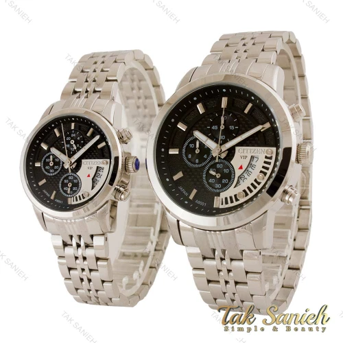 ساعت ست سیتیزن VIP سه موتوره نقره ای صفحه مشکی Citizen-4503-S