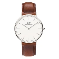 ساعت دنیل ولینگتون مردانه نقره ای بند چرم قهوه ای DW-4100-G