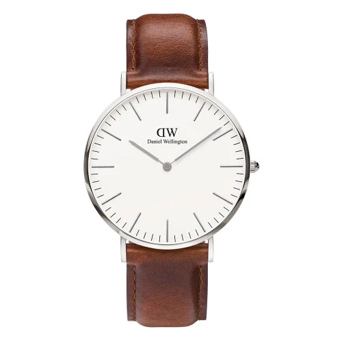 ساعت دنیل ولینگتون مردانه نقره ای بند چرم قهوه ای DW-4100-G