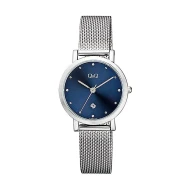 ساعت کیو اند کیو زنانه بند حصیری نقره ای صفحه سرمه ای QQ-4557-L