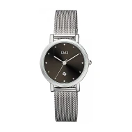 ساعت کیو اند کیو زنانه بند حصیری نقره ای صفحه مشکی QQ-4560-L