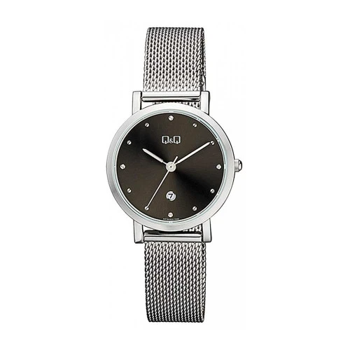 ساعت کیو اند کیو زنانه بند حصیری نقره ای صفحه مشکی QQ-4560-L