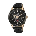 ساعت کیو اند کیو مردانه سه موتوره بند چرم مشکی QQ-4585-G