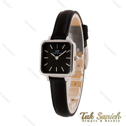 ساعت دنیل ولینگتون مربعی زنانه نقره ای بند چرم صفحه مشکی DW-4802-L