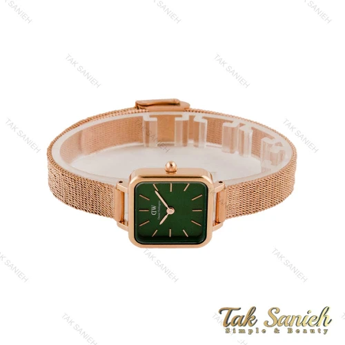 ساعت دنیل ولینگتون زنانه بند حصیری مربع رزگلد صفحه سبز DW-4806-L