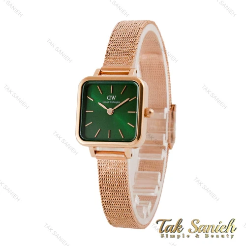 ساعت دنیل ولینگتون زنانه بند حصیری مربع رزگلد صفحه سبز DW-4806-L