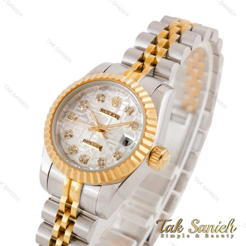 ساعت رولکس زنانه دو رنگ طلایی صفحه طرح دار ایندکس نگین Rolex-5030-M-L