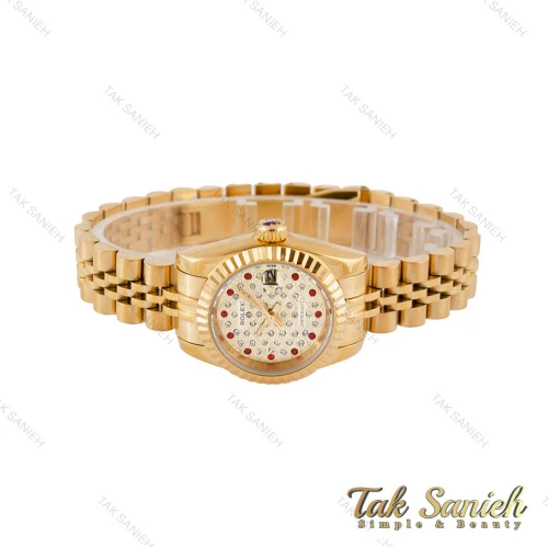 ساعت رولکس طلایی زنانه مدل دیت جاست صفحه نگین ایندکس قرمز Rolex-4873-L
