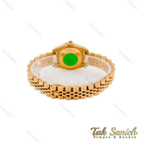 ساعت رولکس طلایی زنانه مدل دیت جاست صفحه نگین ایندکس قرمز Rolex-4873-L