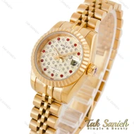 ساعت رولکس طلایی زنانه مدل دیت جاست صفحه نگین ایندکس قرمز Rolex-4873-L