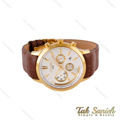 ساعت سیتی زن مردانه طلایی بند چرم قهوه ای صفحه سفید Citizen-4884-G