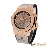 ساعت هابلوت مردانه سه موتوره رزگلد طوسی صفحه اسکلتون Hublot-4899-G