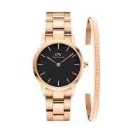 ست ساعت و دستبند دنیل ولینگتون زنانه آیکونیک رزگلد صفحه مشکی DW-4908-L
