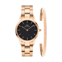 ست ساعت و دستبند دنیل ولینگتون زنانه آیکونیک رزگلد صفحه مشکی DW-4908-L