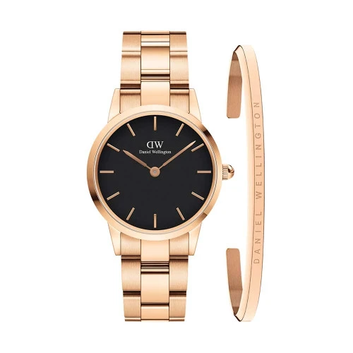 ست ساعت و دستبند دنیل ولینگتون زنانه آیکونیک رزگلد صفحه مشکی DW-4908-L