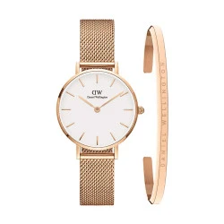 ست ساعت و دستبند دنیل ولینگتون زنانه بند حصیری رزگلد صفحه سفید DW-4915-L
