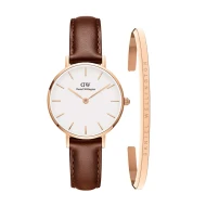 ست ساعت و دستبند زنانه دنیل ولینگتون بند چرم قهوه ای قاب رز DW-4917-L