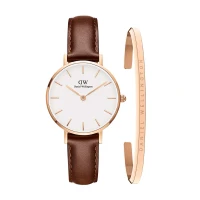 ست ساعت و دستبند زنانه دنیل ولینگتون بند چرم قهوه ای قاب رز DW-4917-L