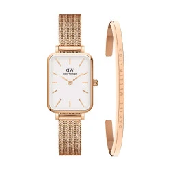 ست دستبند و ساعت دنیل ولینگتون زنانه رزگلد صفحه سفید مستطیلی DW-4929-L