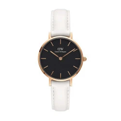 ساعت دنیل ولینگتون زنانه رزگلد بند چرم سفید صفحه مشکی اسمال DW-4911-28-L