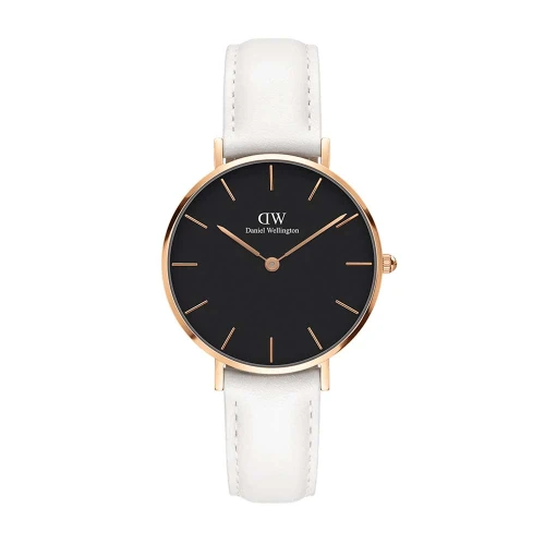 ساعت دنیل ولینگتون رزگلد بند چرم سفید صفحه مشکی مدیوم DW-4912-32-L