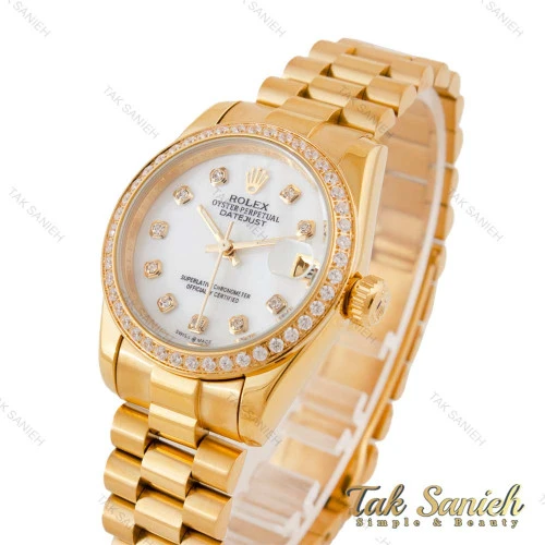 ساعت رولکس زنانه بند پرزیدنت طلایی صفحه سفید دورنگین Rolex-4957-L