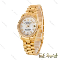 ساعت رولکس زنانه بند پرزیدنت طلایی صفحه سفید دورنگین Rolex-4957-L