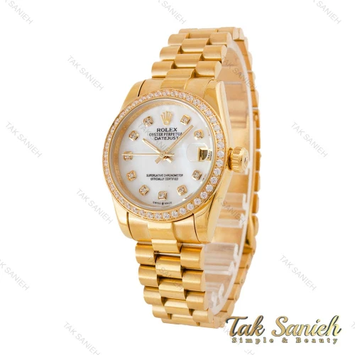 ساعت رولکس زنانه بند پرزیدنت طلایی صفحه سفید دورنگین Rolex-4957-L