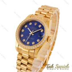 ساعت رولکس زنانه بند پرزیدنت طلایی صفحه سرمه ای دورنگین Rolex-4958-L