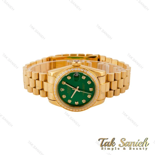 ساعت رولکس زنانه بند پرزیدنت طلایی صفحه سبز دورنگین Rolex-4961-L