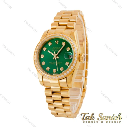ساعت رولکس زنانه بند پرزیدنت طلایی صفحه سبز دورنگین Rolex-4961-L