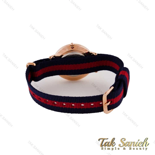ساعت دنیل ولینگتون زنانه رزگلد صفحه مشکی بند برزنت سرمه ای قرمز DW-4969-L