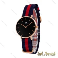 ساعت دنیل ولینگتون زنانه رزگلد صفحه مشکی بند برزنت سرمه ای قرمز DW-4969-L