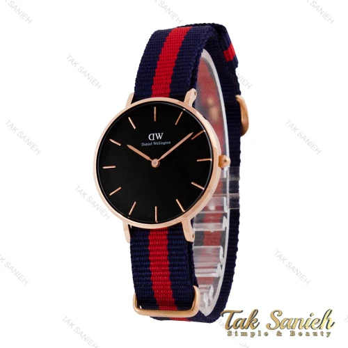 ساعت دنیل ولینگتون زنانه رزگلد صفحه مشکی بند برزنت سرمه ای قرمز DW-4969-L