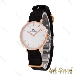 ساعت دنیل ولینگتون زنانه رزگلد صفحه سفید بند برزنت مشکی DW-4970-L