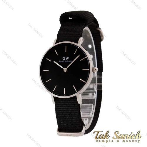 ساعت دنیل ولینگتون زنانه نقره ای صفحه مشکی بند برزنت مشکی DW-4971-L