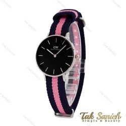 ساعت DW زنانه نقره ای صفحه مشکی بند برزنت صورتی سرمه ای DW-4972-L