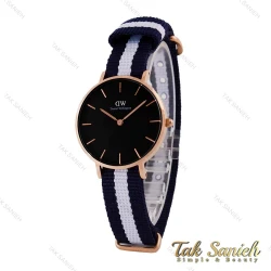 ساعت DW زنانه رزگلد صفحه مشکی بند برزنت سفید سرمه ای DW-4975-L