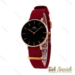 ساعت دنیل ولینگتون رزگلد صفحه مشکی زنانه بند برزنت زرشکی DW-4977-L
