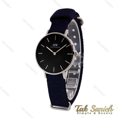 ساعت دنیل ولینگتون زنانه نقره ای صفحه مشکی بند برزنت سرمه ای DW-4980-L