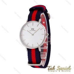 ساعت DW زنانه نقره ای صفحه سفید بند برزنت سرمه ای قرمز DW-4982-L